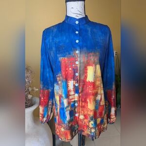 NWOT Women's Colorful Abstract 3D Ethic Cityscape Button Down Shirt Size Medium